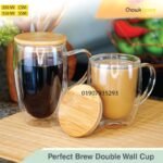 Double wall glass cup with wooden lid